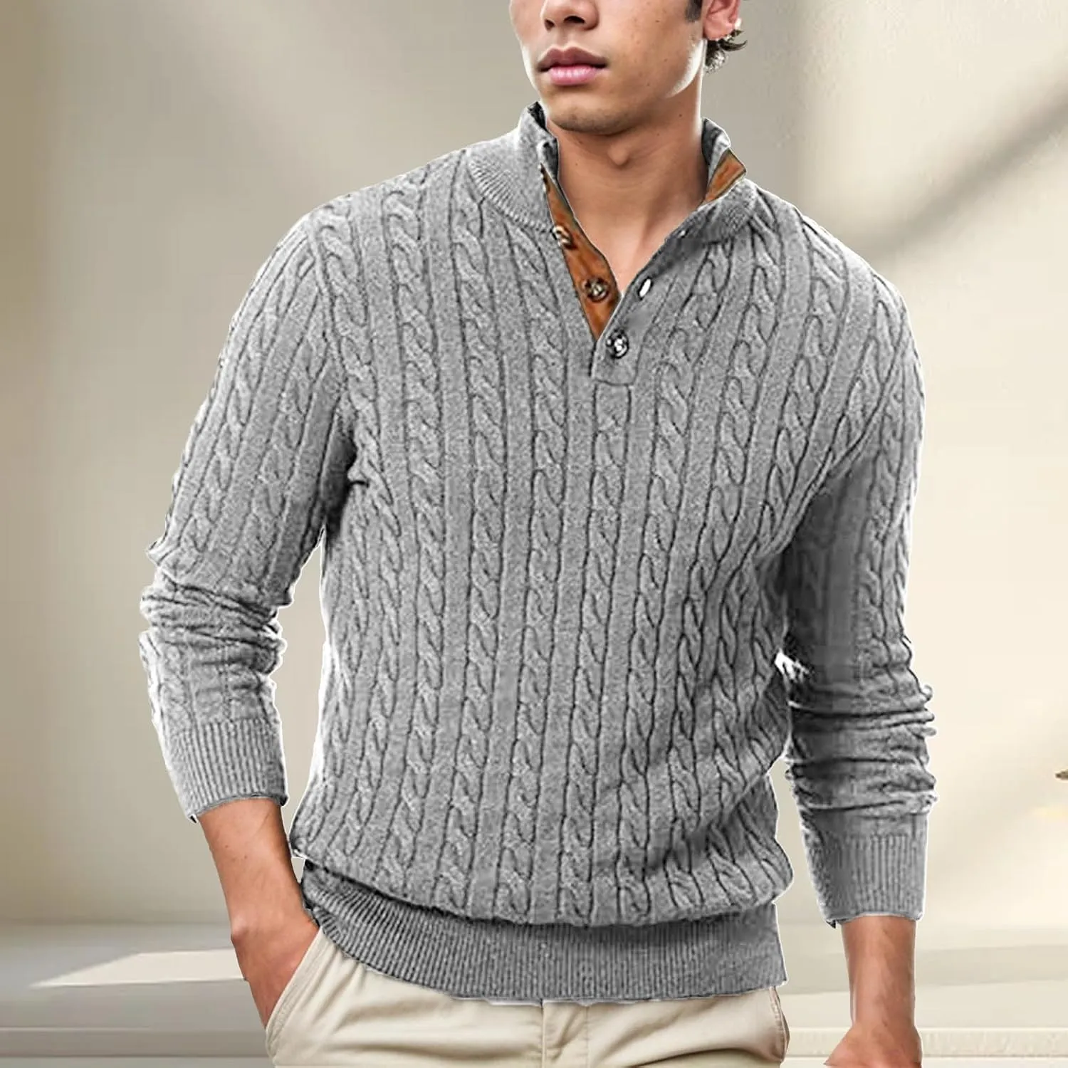 Men's Outdoor Casual Stand Cashmere Button Long Sleeve Sweater, Men Casual Long Sleeve 1/4 Button Pullover Sweaters