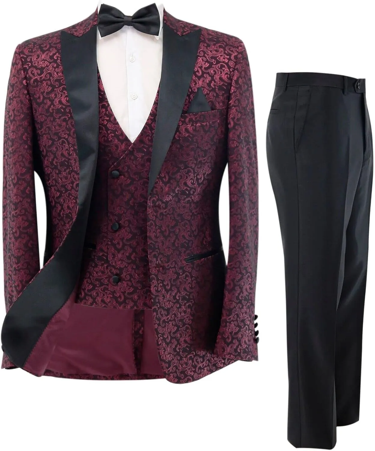 Mens Patterned Shimmer Tuxedo Suit Groom Burgundy Formal Slim Fit Wedding 3 Piece Set