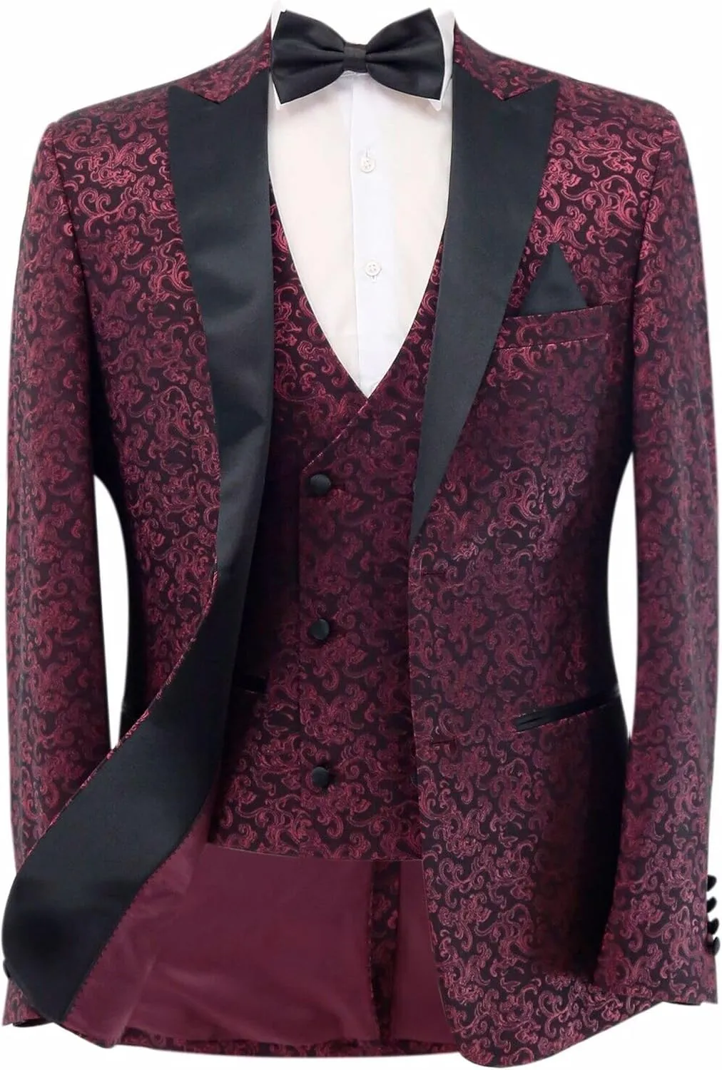 Mens Patterned Shimmer Tuxedo Suit Groom Burgundy Formal Slim Fit Wedding 3 Piece Set