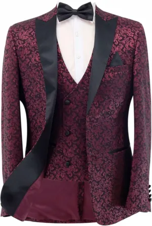 Mens Patterned Shimmer Tuxedo Suit Groom Burgundy Formal Slim Fit Wedding 3 Piece Set