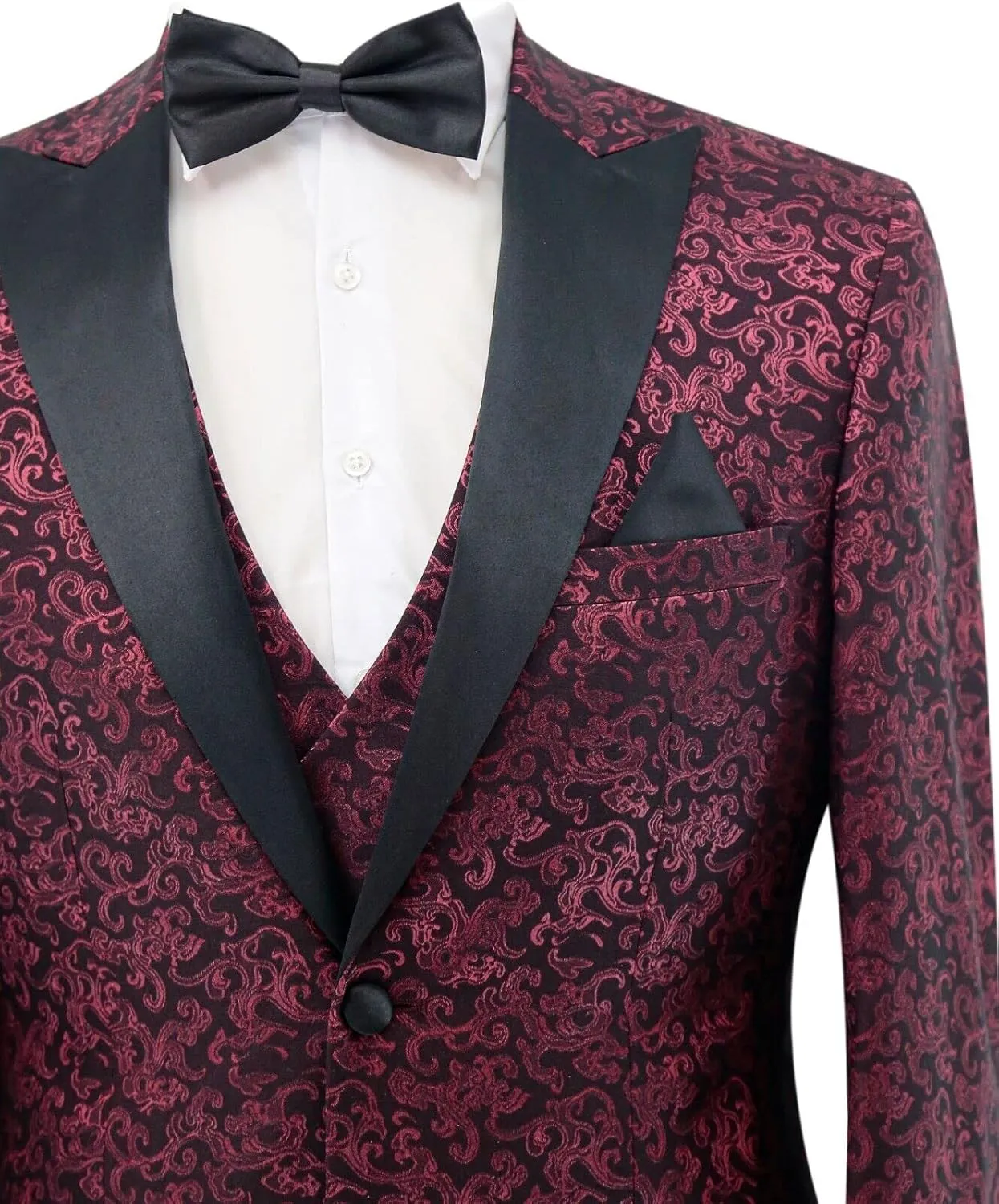 Mens Patterned Shimmer Tuxedo Suit Groom Burgundy Formal Slim Fit Wedding 3 Piece Set