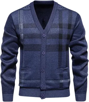 Mens Plaid Cardigan Sweater V Neck Knit Sweater Button Down Open Front Cardigan Plus Size Cardigan Sweater