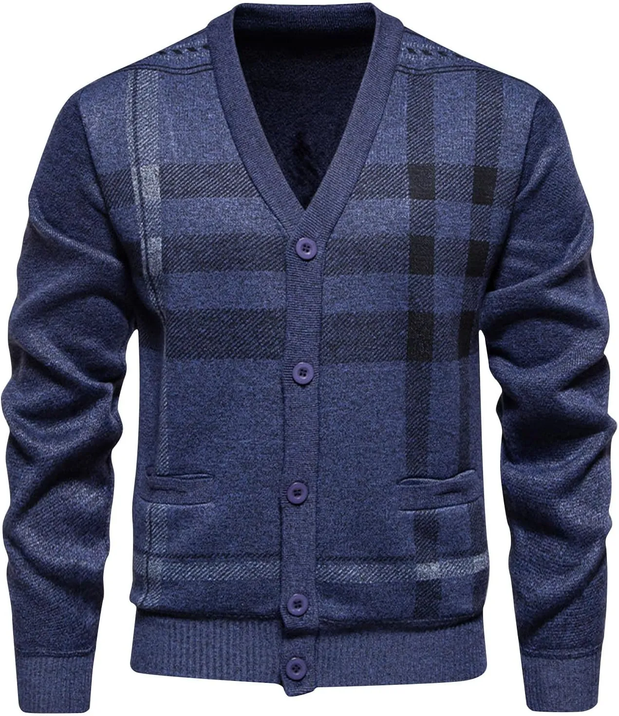 Mens Plaid Cardigan Sweater V Neck Knit Sweater Button Down Open Front Cardigan Plus Size Cardigan Sweater