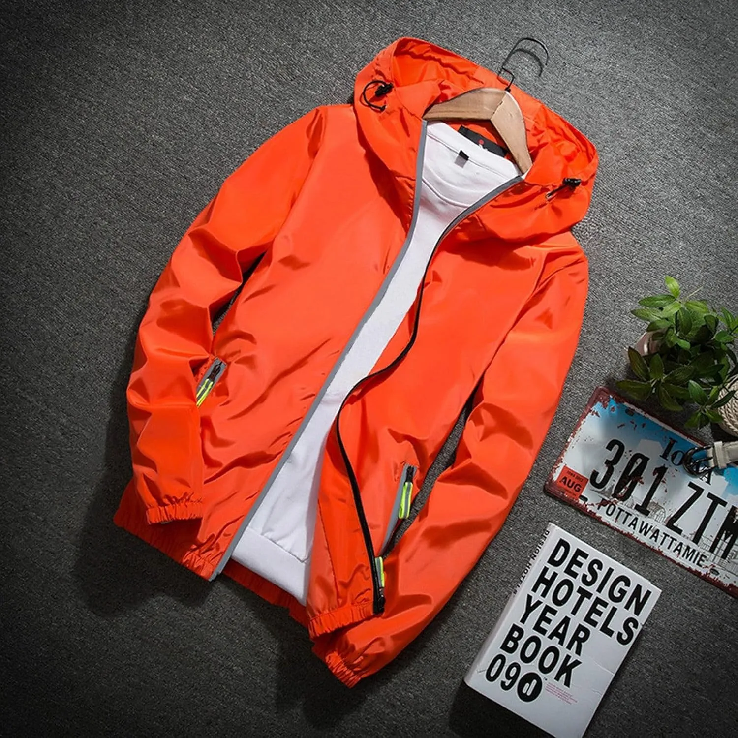 Men's Rain Jacket Casual Lightweight Waterproof Windbreaker Refleciton Zip Up Jackets with Hood for Mens
