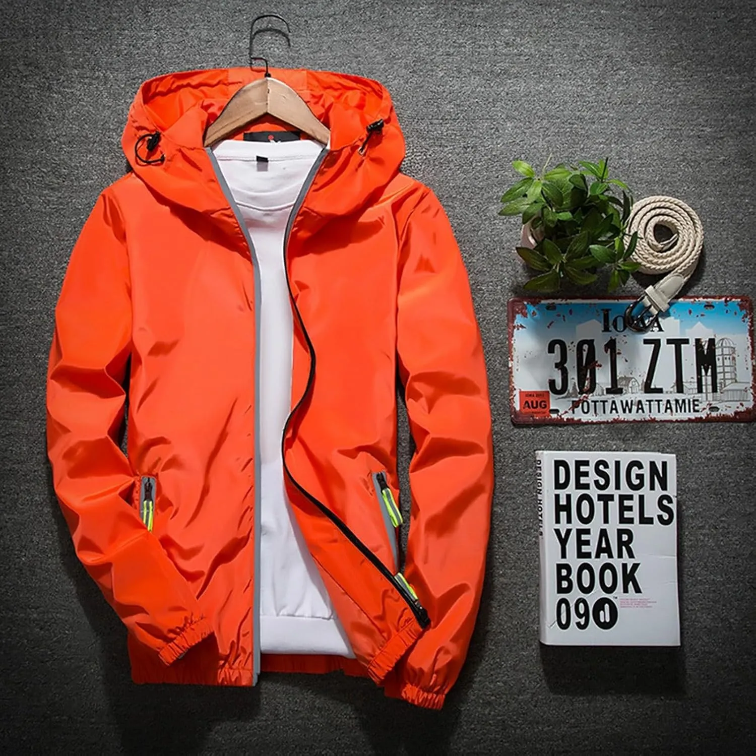 Men's Rain Jacket Casual Lightweight Waterproof Windbreaker Refleciton Zip Up Jackets with Hood for Mens