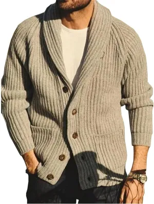 Mens Shawl Collar Knitted Cardigan Men Button Down Open Front Ribbed Knit Sweater Khaki Knitwear with Pocket