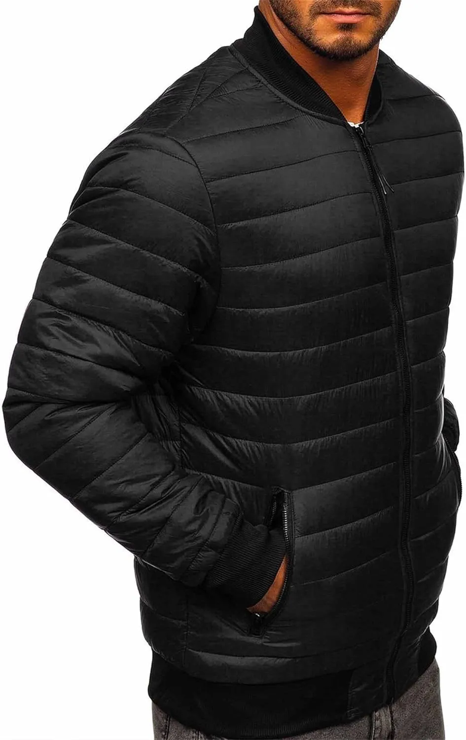 Men's Stand Collar Flight Bomber Jacket Diamond Quilted Lightweight Varsity Jackets Winter Warm Padded Outwear