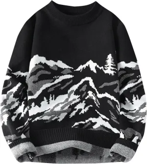 Men's Vintage Pullover Sweater Mountain Print Winter Warm Plus Size Long Sleeve V-Neck Sweater