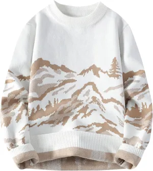 Men's Vintage Pullover Sweater Mountain Print Winter Warm Plus Size Long Sleeve V-Neck Sweater