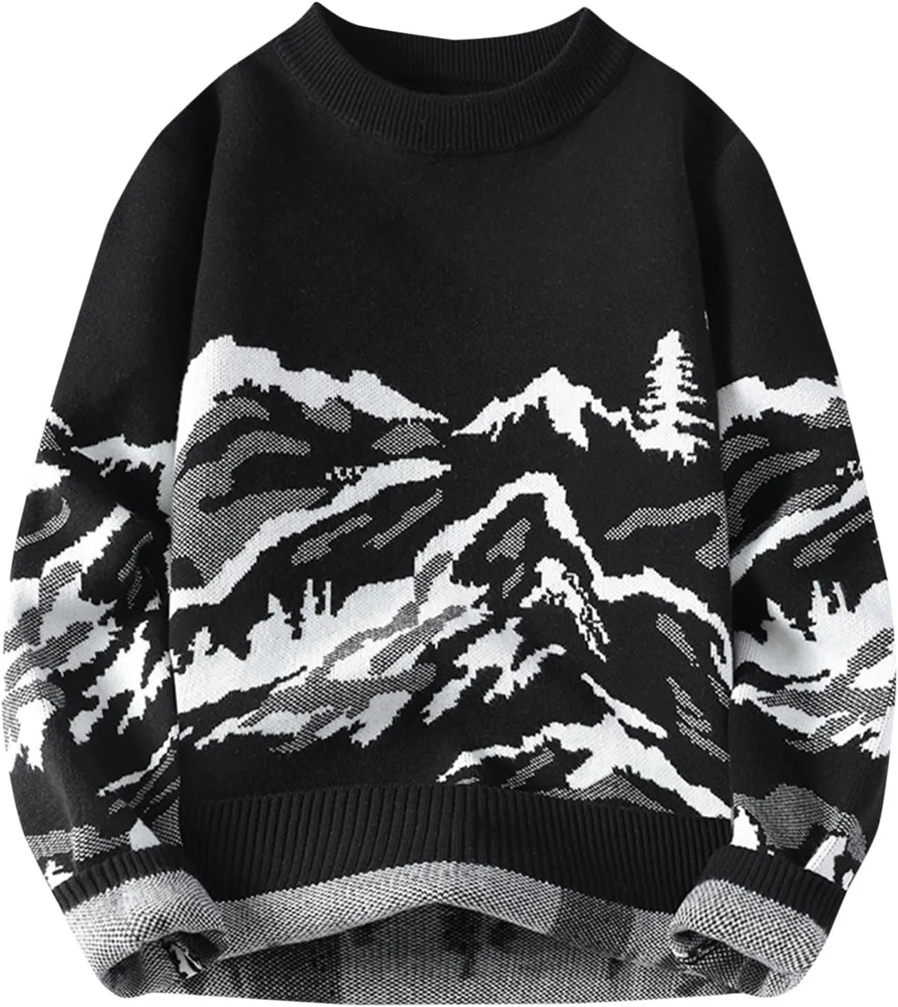 Men's Vintage Pullover Sweater Mountain Print Winter Warm Plus Size Long Sleeve V-Neck Sweater