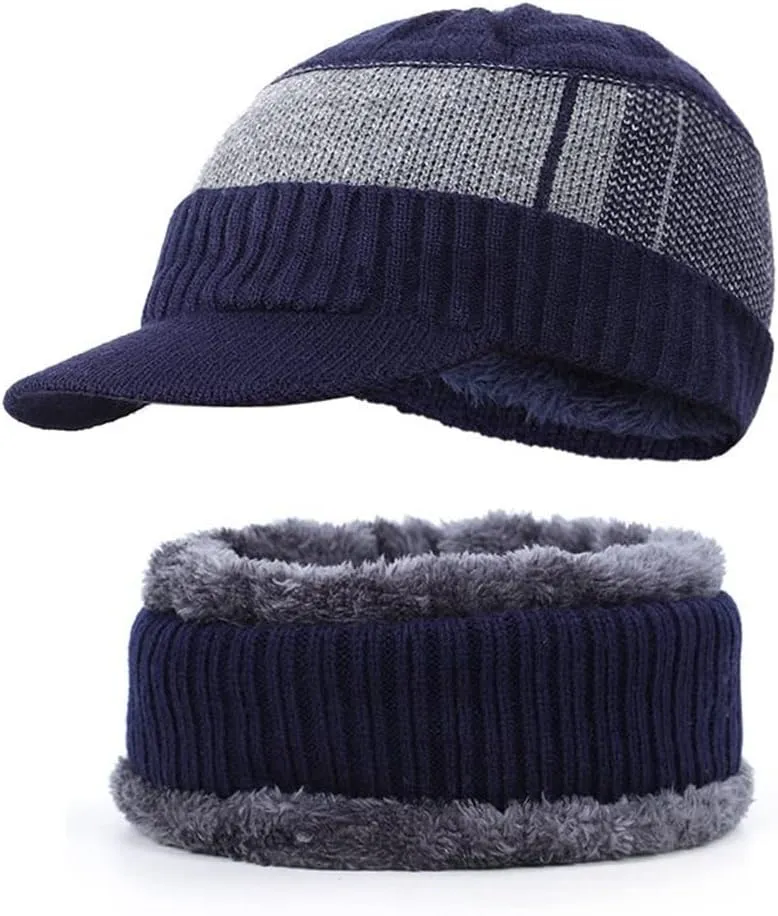 Mens Winter Warm Knit Beanie Hat Scarf Set Thick Cold Weather Windproof Neck Warmer Cap