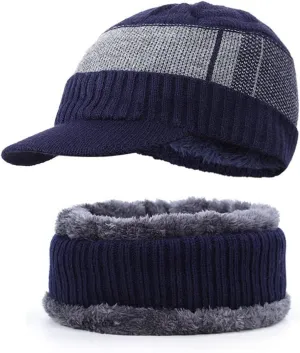 Mens Winter Warm Knit Beanie Hat Scarf Set Thick Cold Weather Windproof Neck Warmer Cap