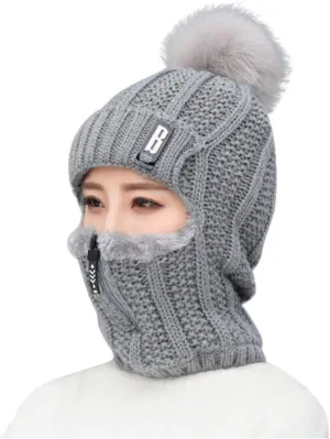 Mens Womens Winter Faux Fuzzy Fur Pom Beanie Hat Scarf Set Warm Knit Hat Winter Cap Neck Warmer for Men Women (Gray, Free Size)