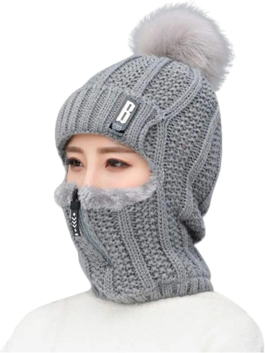 Mens Womens Winter Faux Fuzzy Fur Pom Beanie Hat Scarf Set Warm Knit Hat Winter Cap Neck Warmer for Men Women (Gray, Free Size)