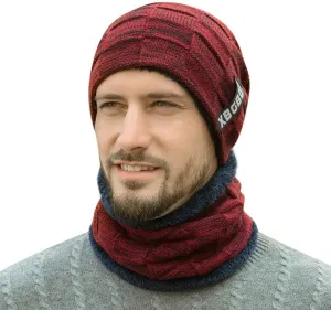 Mens Womens Winter Hat Scarf Set Warm Knit Hat Thick Fleece Lined Winter Cap Neck Warmer for Men Women