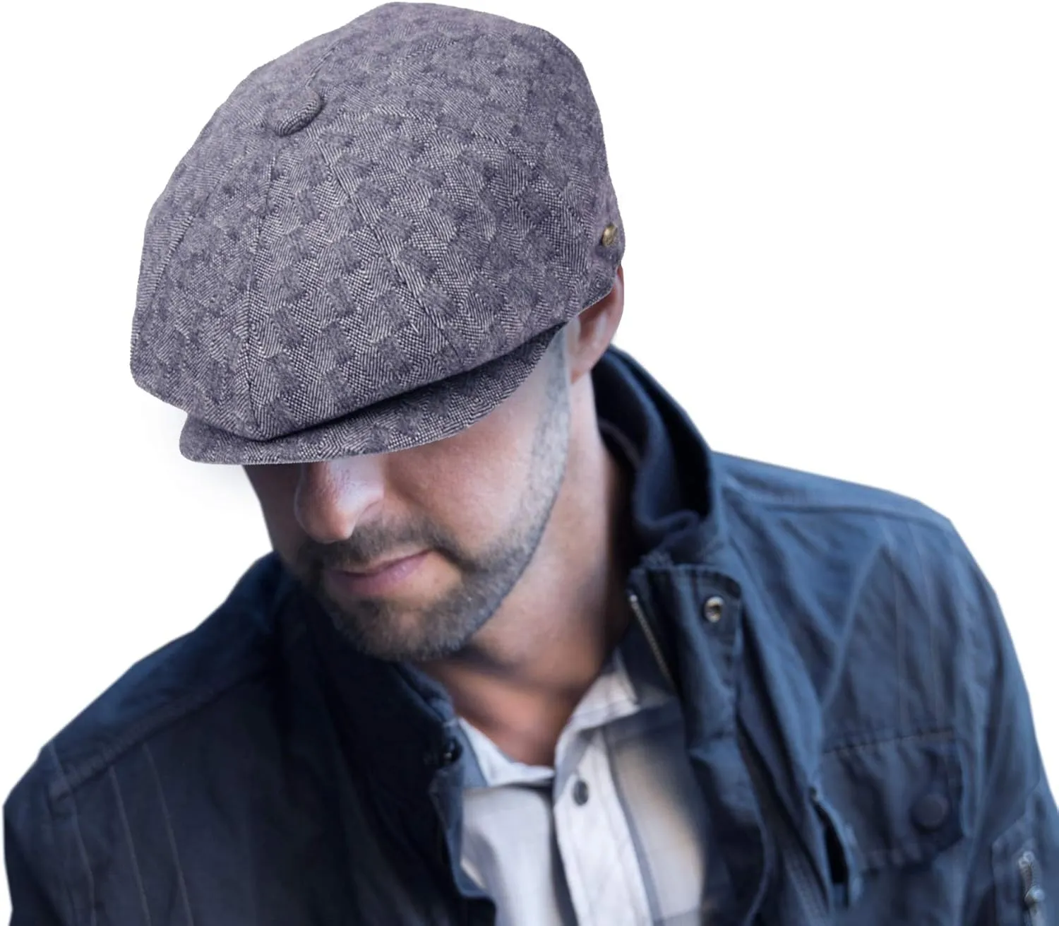 Men's Wool Newsboy Cap, Herringbone Driving Cabbie Tweed Applejack Golf Hat