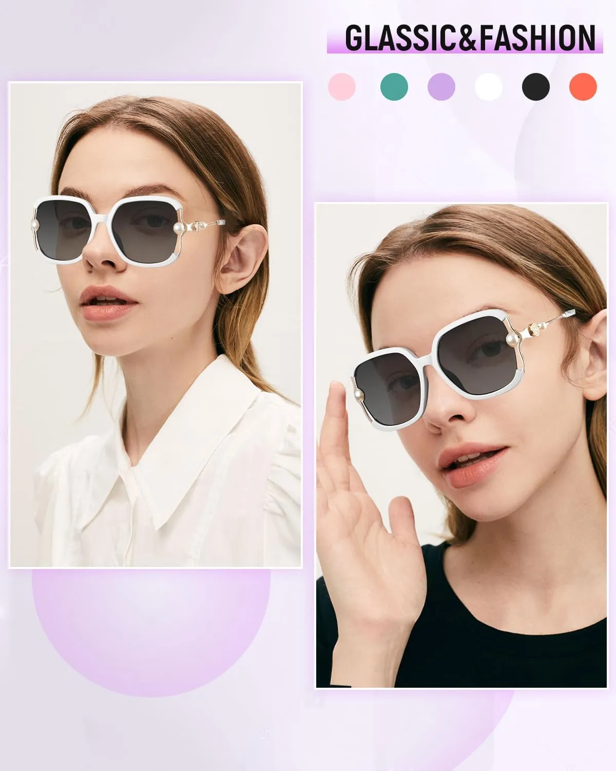 MIZZEO Square Sunglasses for Women Men, Oversize Polarized Aviator Sunglasses, Classic Sunglasses Sparkling Large Pearl Frame