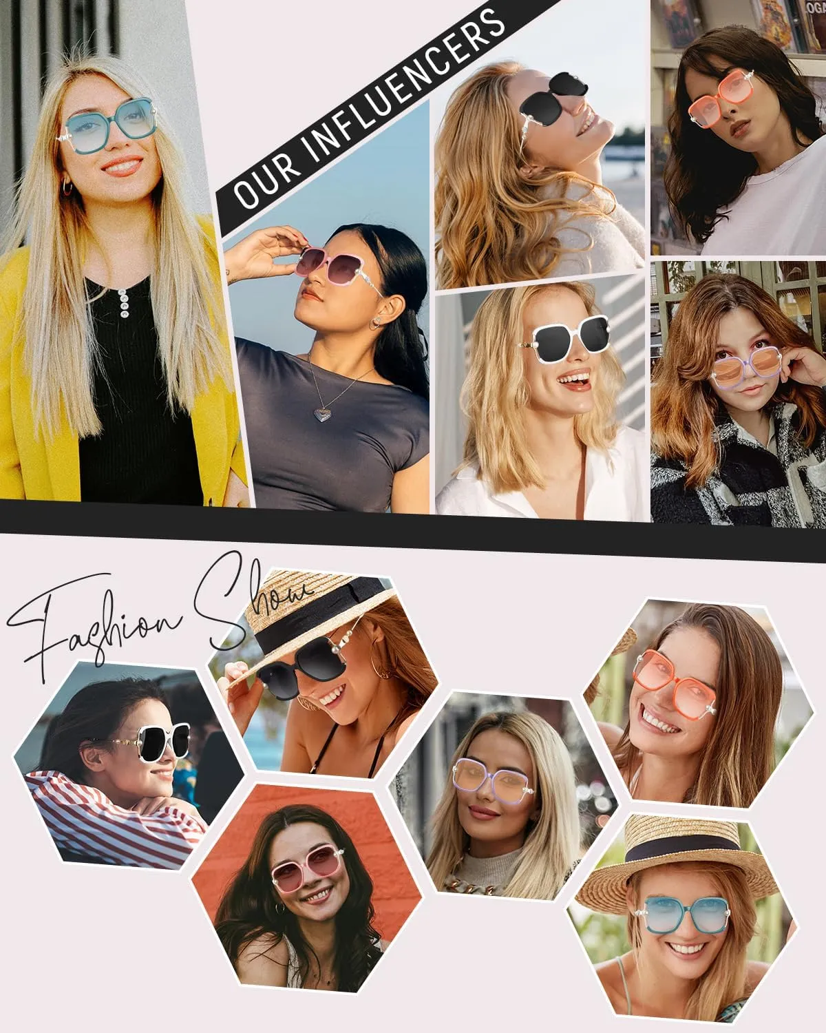 MIZZEO Square Sunglasses for Women Men, Oversize Polarized Aviator Sunglasses, Classic Sunglasses Sparkling Large Pearl Frame