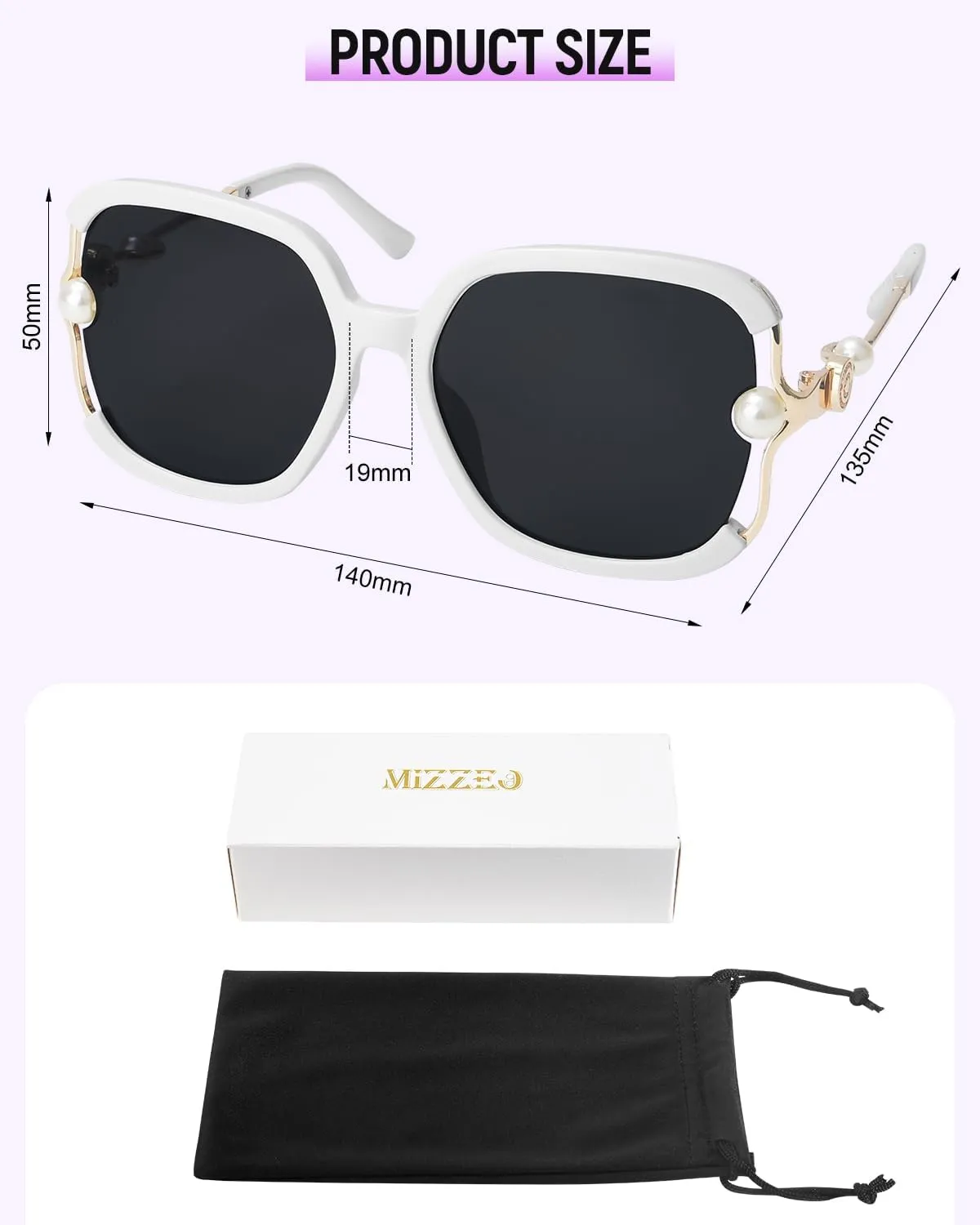 MIZZEO Square Sunglasses for Women Men, Oversize Polarized Aviator Sunglasses, Classic Sunglasses Sparkling Large Pearl Frame