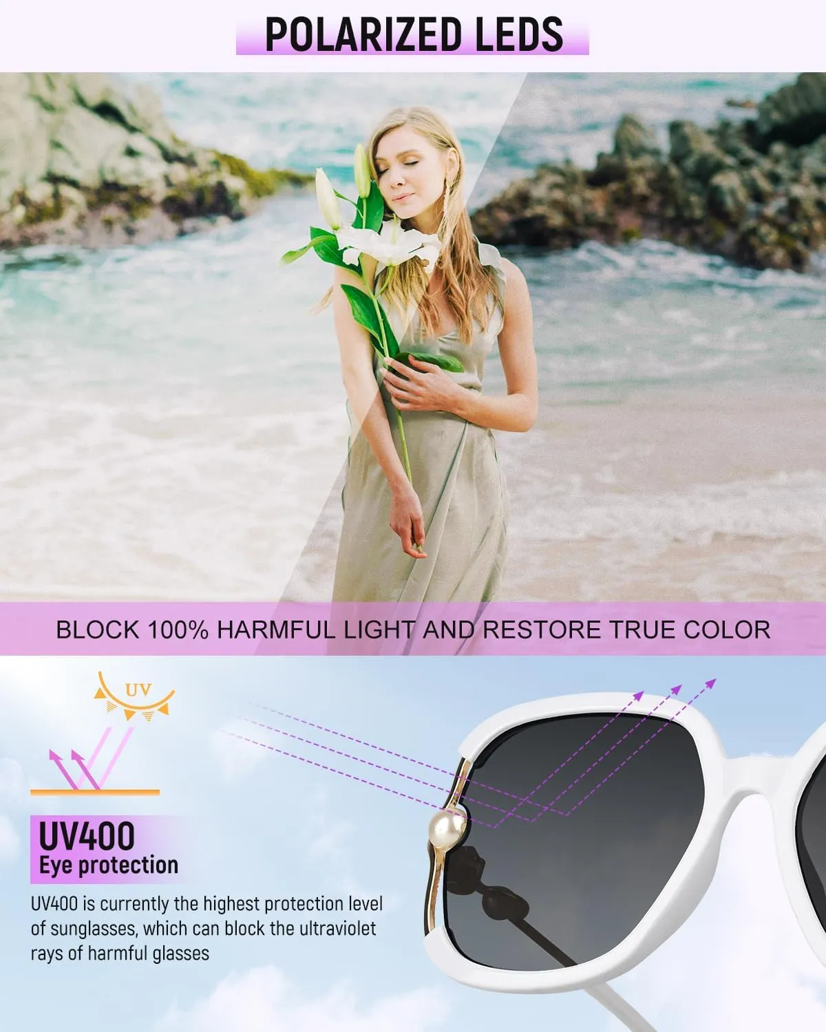 MIZZEO Square Sunglasses for Women Men, Oversize Polarized Aviator Sunglasses, Classic Sunglasses Sparkling Large Pearl Frame