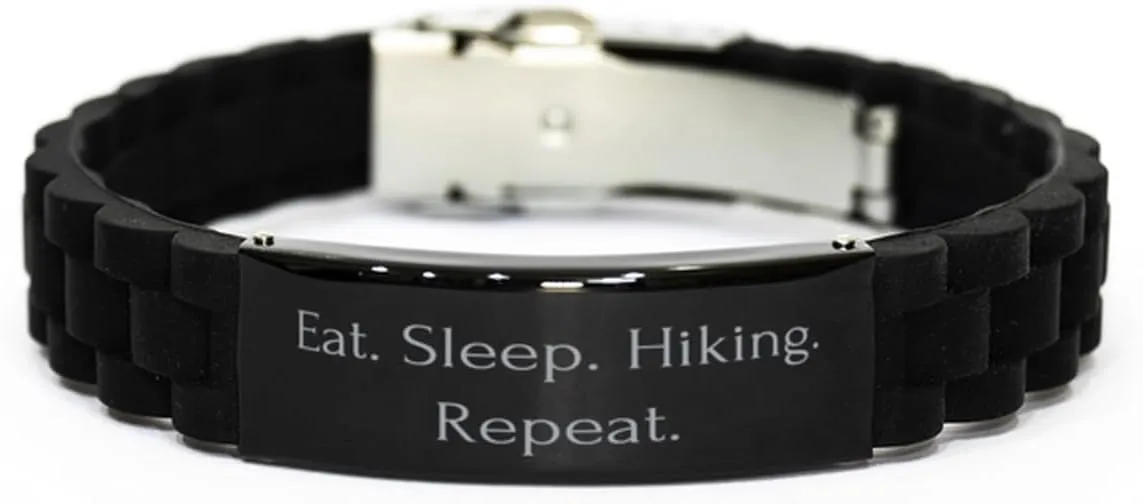 Motivational Hiking Gifts, Eat. Sleep. Hiking. Repeat, Hiking Black Glidelock Clasp Bracelet From Friends, Gifts For Men Women, Hiking gear, Hiking boots, Hiking backpack, Hiking trail