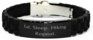 Motivational Hiking Gifts, Eat. Sleep. Hiking. Repeat, Hiking Black Glidelock Clasp Bracelet From Friends, Gifts For Men Women, Hiking gear, Hiking boots, Hiking backpack, Hiking trail