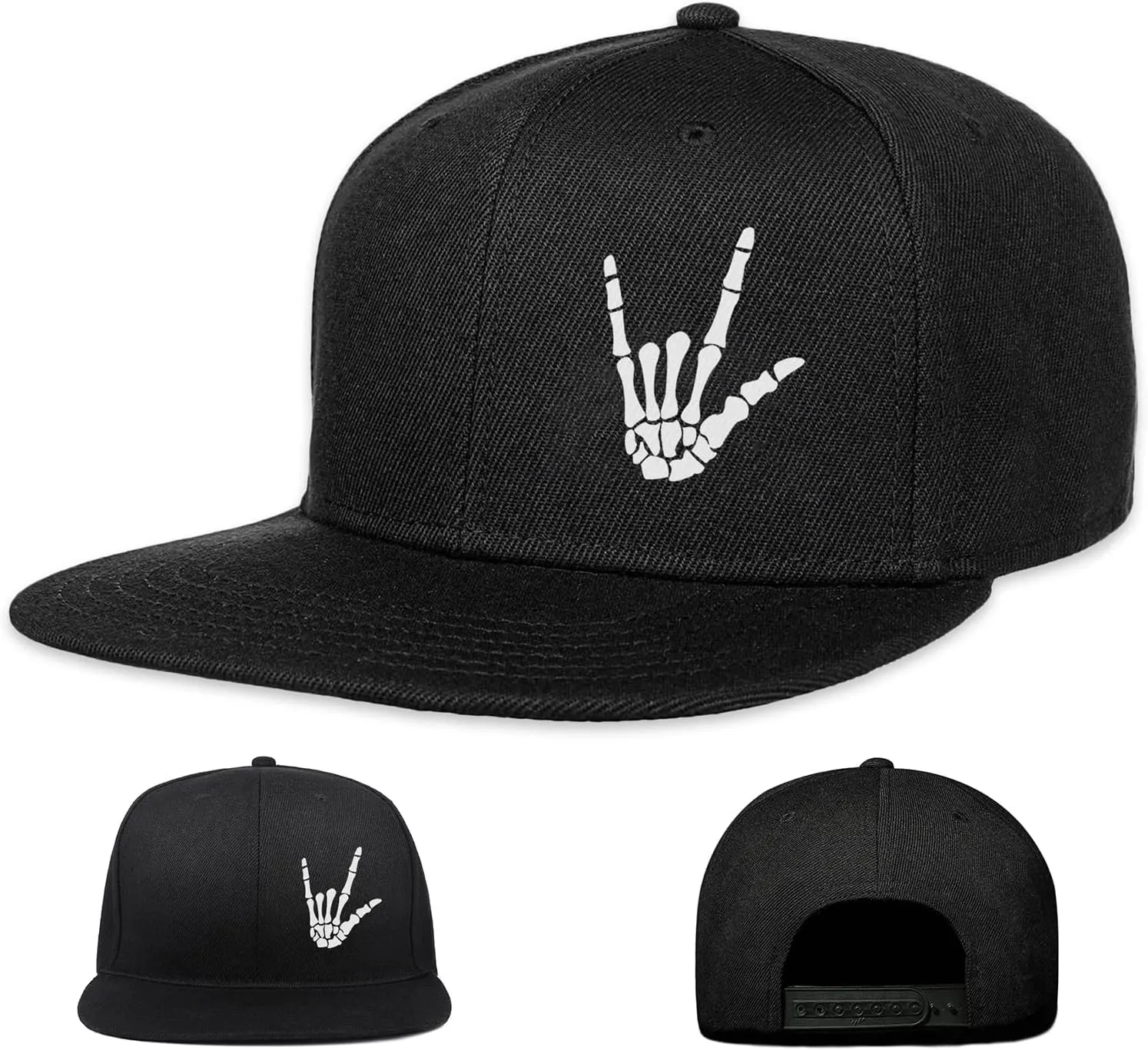 Negi Skeleton Skull Finger Snapback Hats for Men Flat Bill Black Custom Snap Backpack Baseball Cap Flat Brim Cool