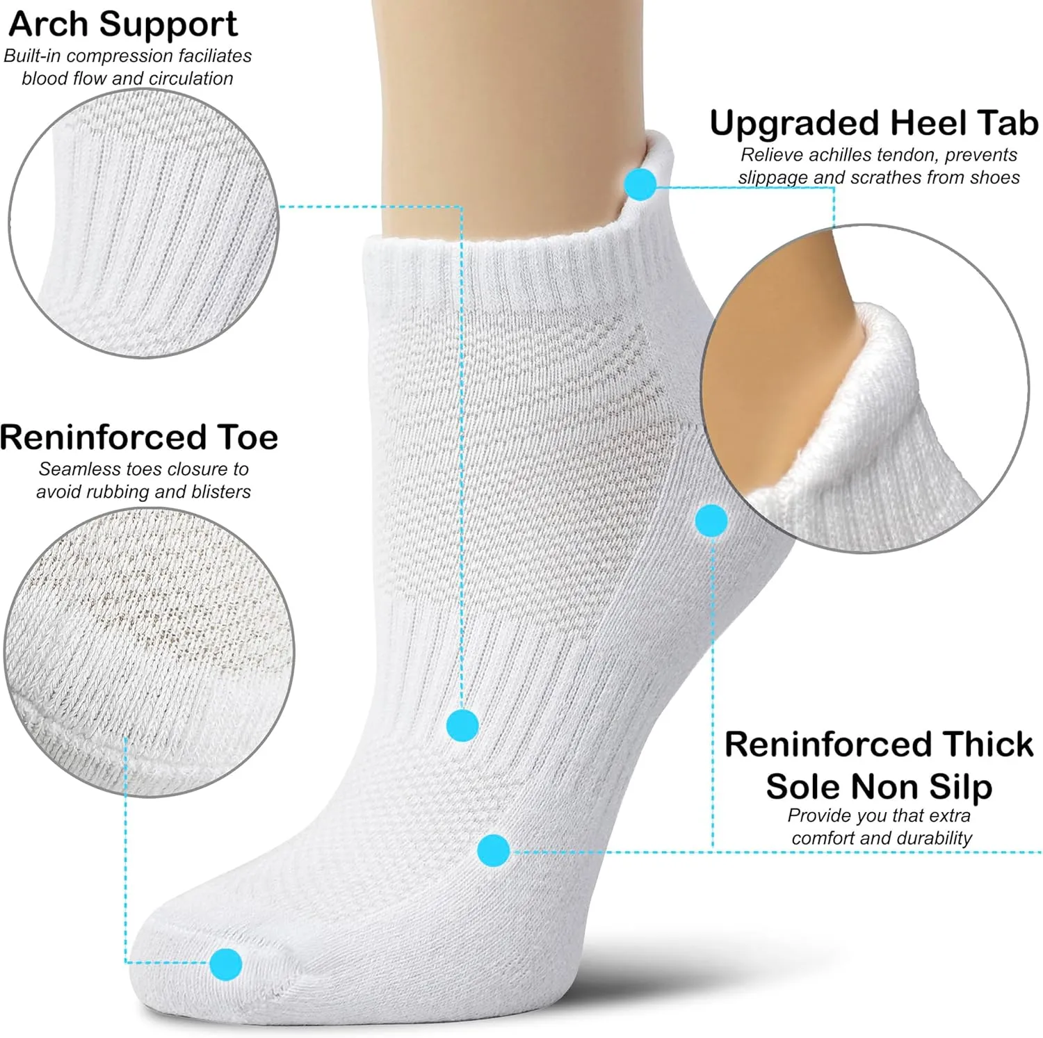 NevEND Ankle Athletic Running Socks Low Cut Cotton Sports Tab Socks for Men and Women 6 Pairs