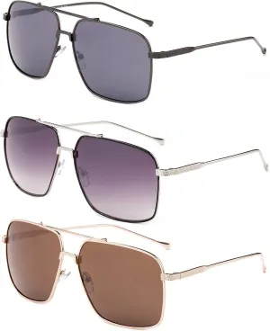 Newbee Fashion 3 Pack Metal Rim Square Aviator Sunglasses for Men for Women
