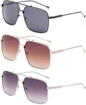 Newbee Fashion 3 Pack Metal Rim Square Aviator Sunglasses for Men for Women