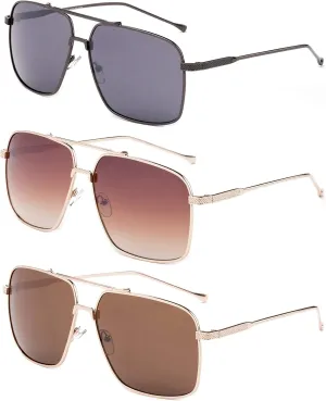 Newbee Fashion 3 Pack Metal Rim Square Aviator Sunglasses for Men for Women