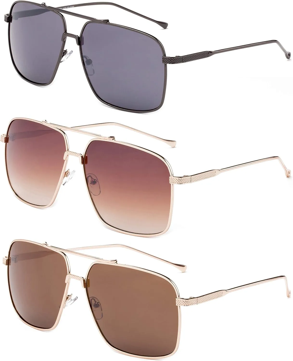 Newbee Fashion 3 Pack Metal Rim Square Aviator Sunglasses for Men for Women
