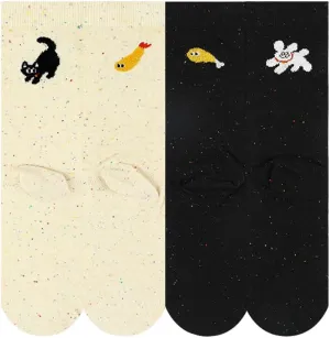 Nigeiyeme 2 Pairs Womens Cute Cat Dog Patterned Crew Socks Fun Animal Casual Socks for Women Cool Novelty Cotton Socks