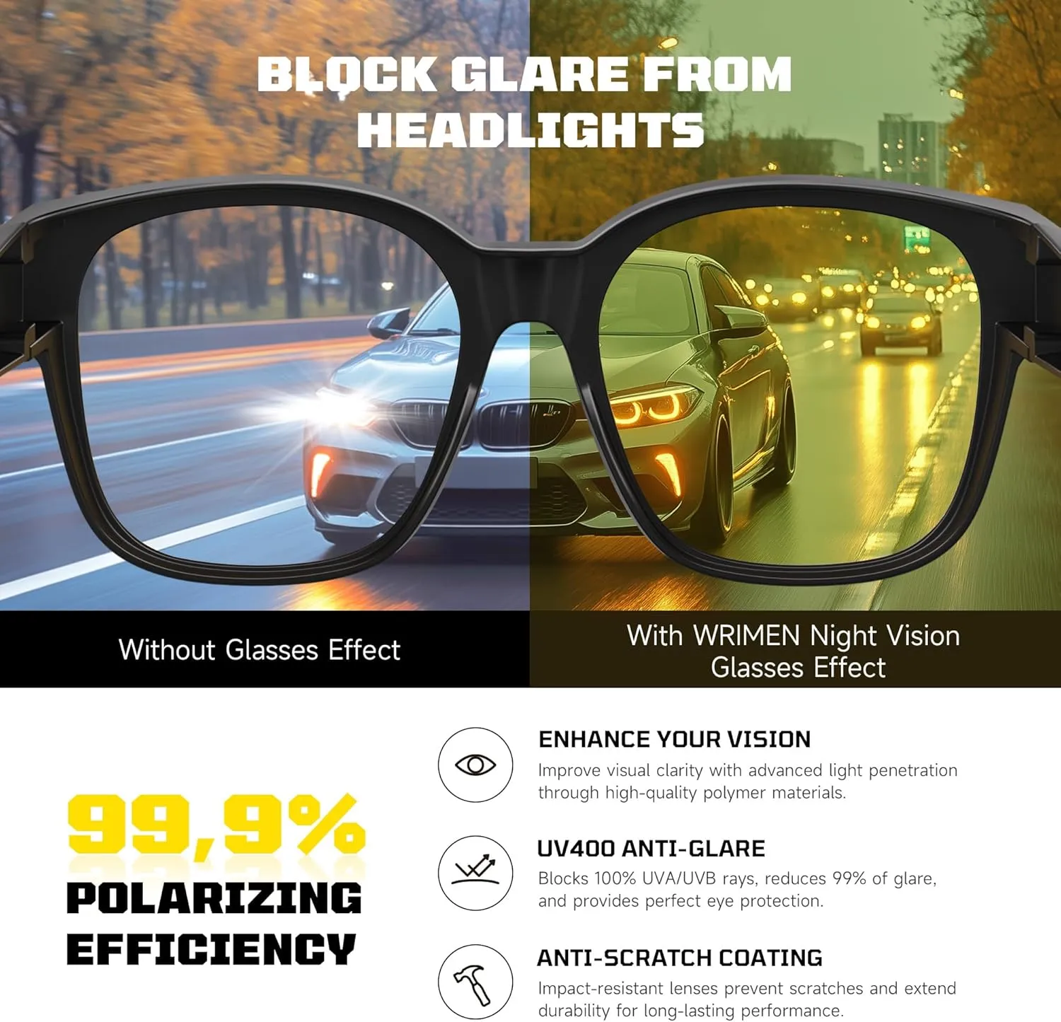 Night Driving Glasses for Men/Women, Anti-Glare Yellow Driving Polarized Night Time Vision Sunglasses