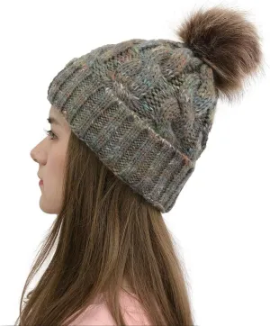 niuwa Winter Ski Beanie Hat for Women Warm Lined Faux Fur Pom Pom Hats Womens Warm Thick Knit Toboggan Skull Cap (Gray, Free Size)