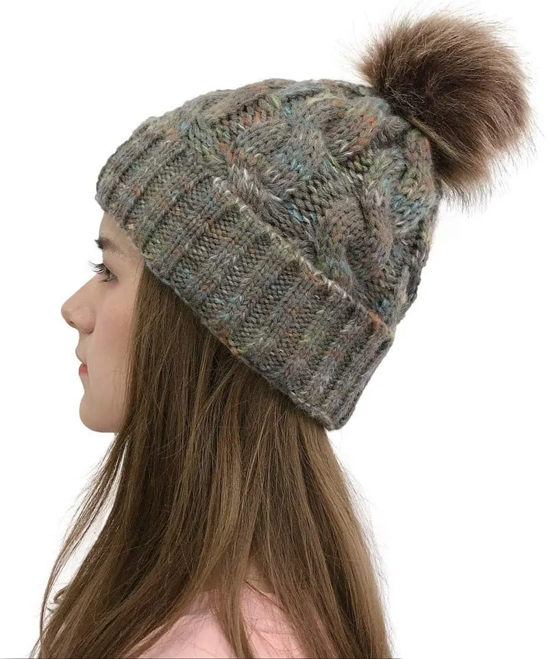 niuwa Winter Ski Beanie Hat for Women Warm Lined Faux Fur Pom Pom Hats Womens Warm Thick Knit Toboggan Skull Cap (Gray, Free Size)