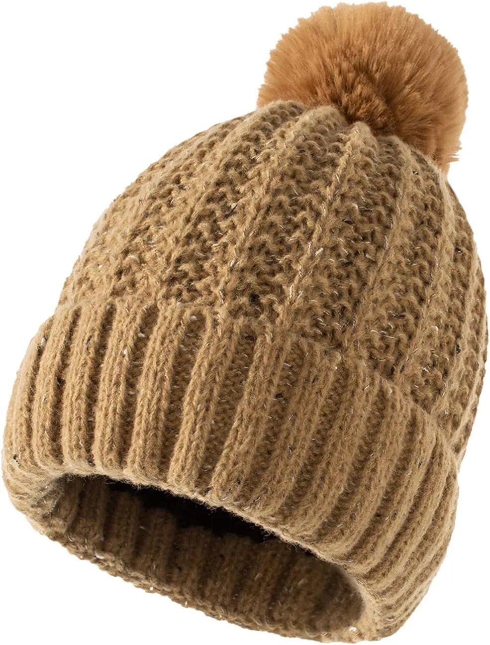 niuwa Womens Winter Knit Slouchy Beanie Hat Warm Skull Ski Cap Faux Fur Pom Pom Chunky Baggy Hats for Women Men (Brown, Free Size)