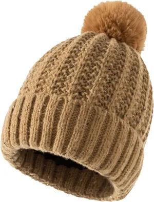 niuwa Womens Winter Knit Slouchy Beanie Hat Warm Skull Ski Cap Faux Fur Pom Pom Chunky Baggy Hats for Women Men (Brown, Free Size)