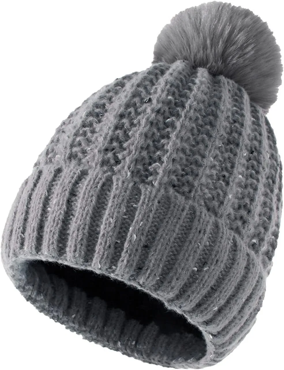 niuwa Womens Winter Knit Slouchy Beanie Hat Warm Skull Ski Cap Faux Fur Pom Pom Chunky Baggy Hats for Women Men (Gray, Free Size)