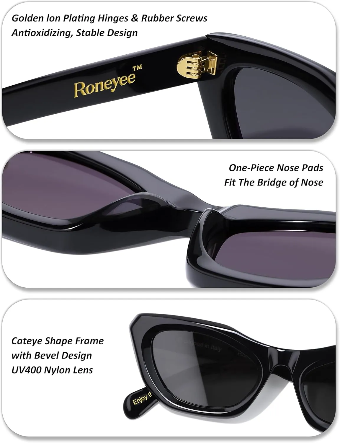 Non Polarized Cat Eye Acetate Sunglasses 145mm Frame with UV Protection Impact Resistant Nylon Lens Retro Shades