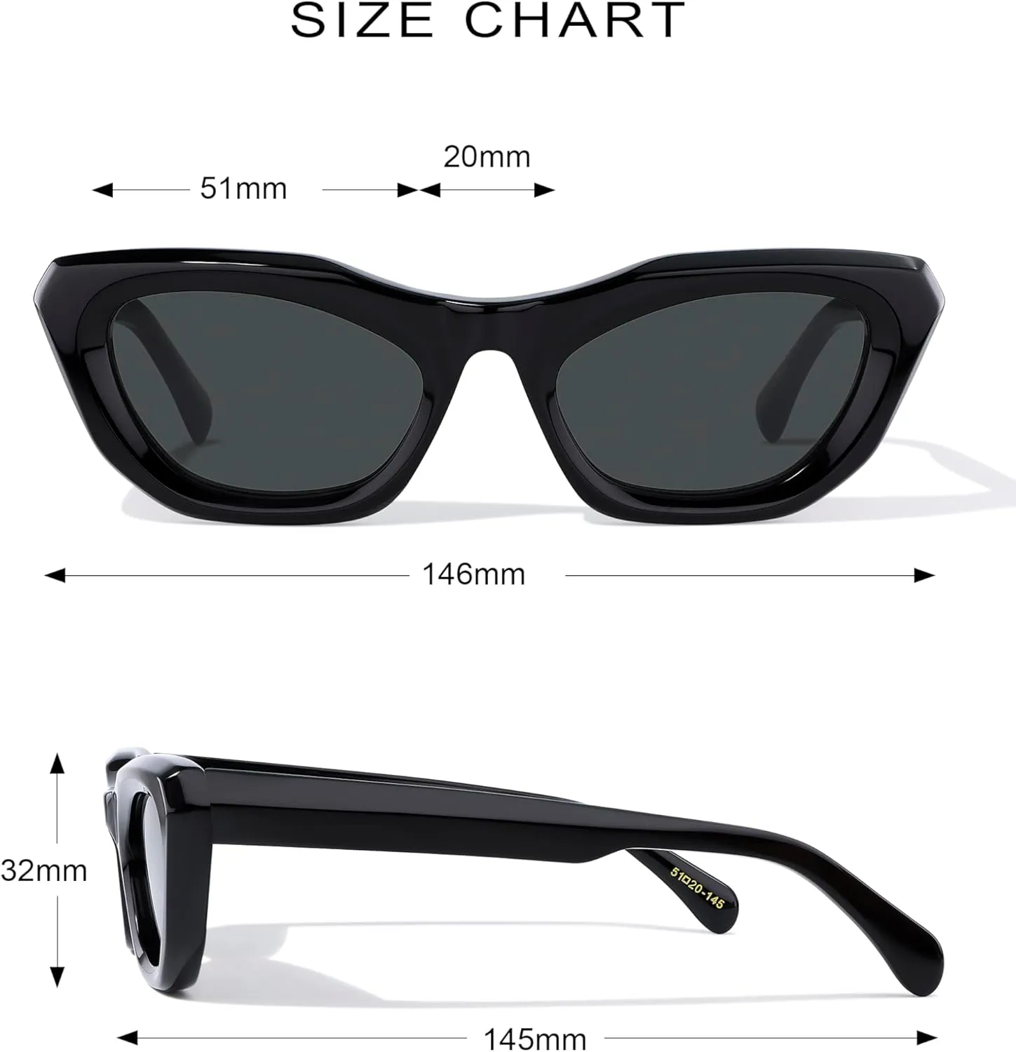 Non Polarized Cat Eye Acetate Sunglasses 145mm Frame with UV Protection Impact Resistant Nylon Lens Retro Shades