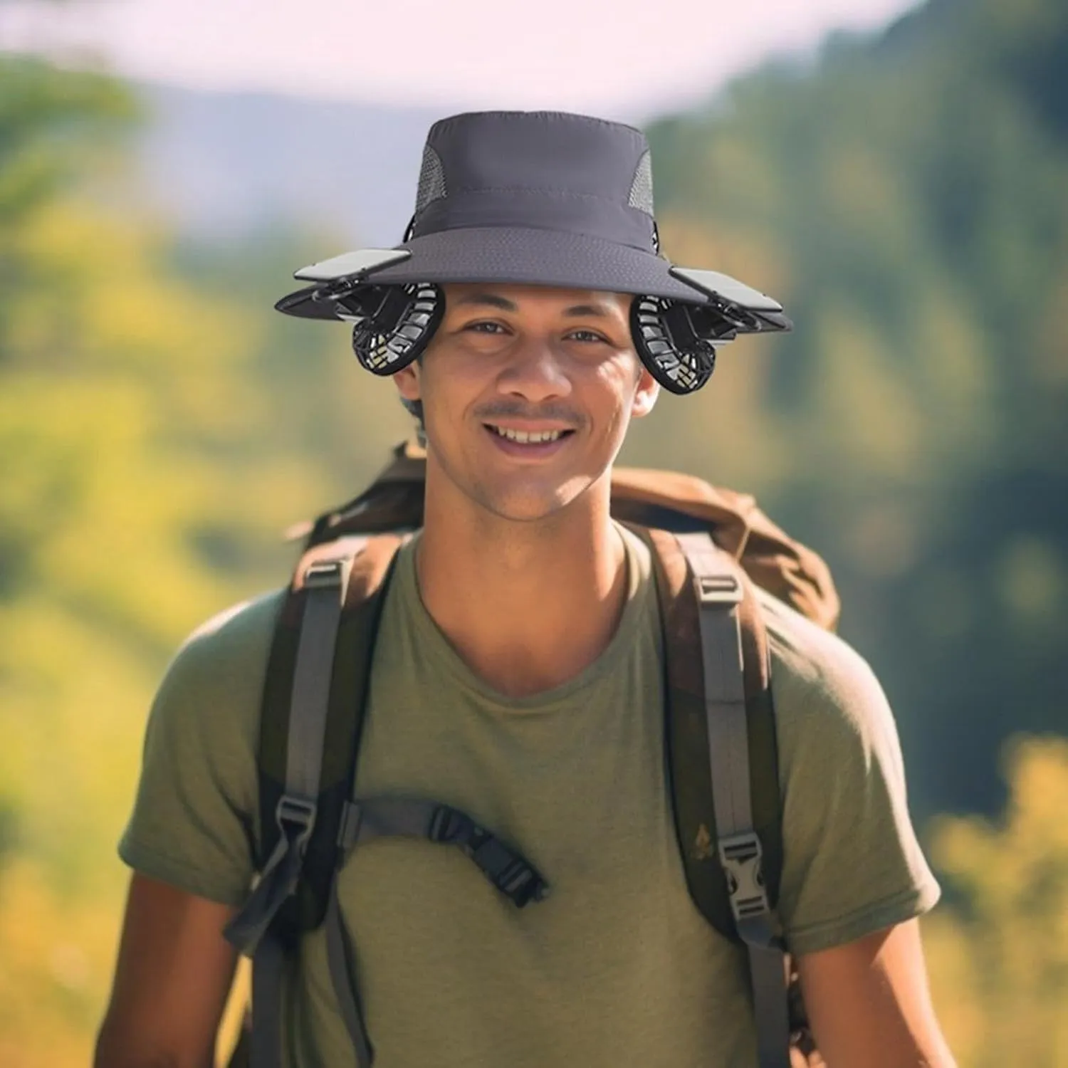Outdoor Sun Hat with 2 Solar Fans, Wide Brim Bucket Hat for Men, Cool Breathable Solar Powered Hat for Summer