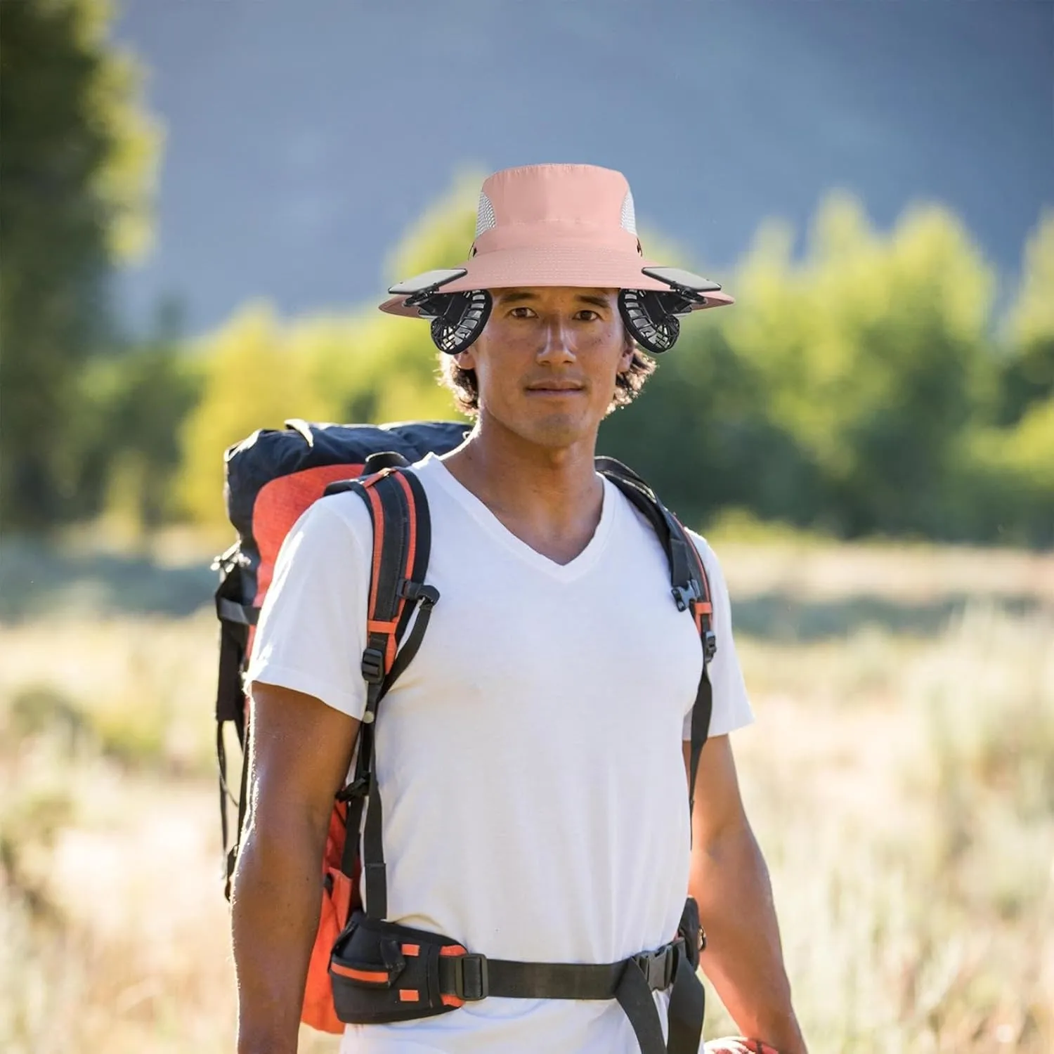 Outdoor Sun Hat with 2 Solar Fans, Wide Brim Bucket Hat for Men, Cool Breathable Solar Powered Hat for Summer