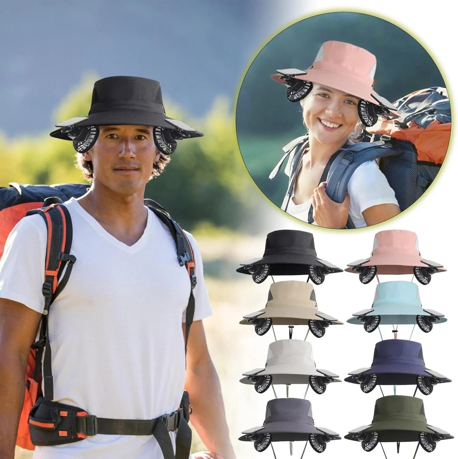 Outdoor Sun Hat with 2 Solar Fans, Wide Brim Bucket Hat for Men, Cool Breathable Solar Powered Hat for Summer