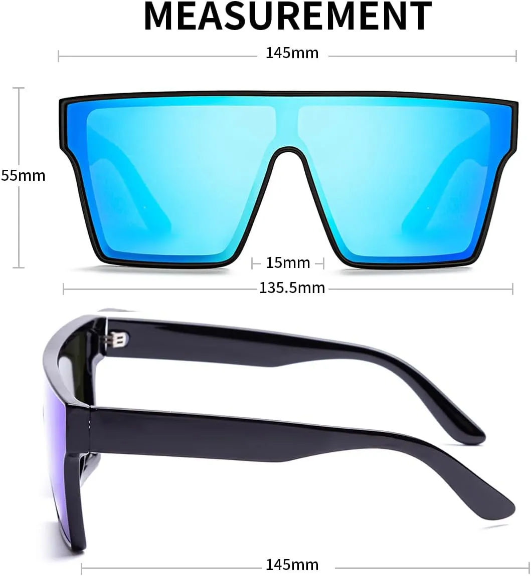 Oversized UV400 Designer Polarized Sunglasses for Men Women Large Flat Square Trendy Mirrored Shades