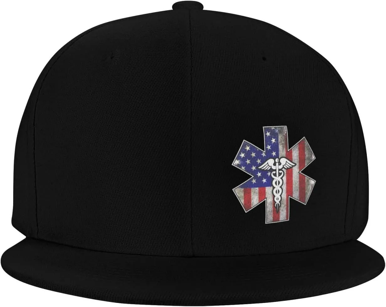 Paramedic USA American Flag EMS EMT Flat Brim Cap Unisex Flat Bill Baseball Cap Black