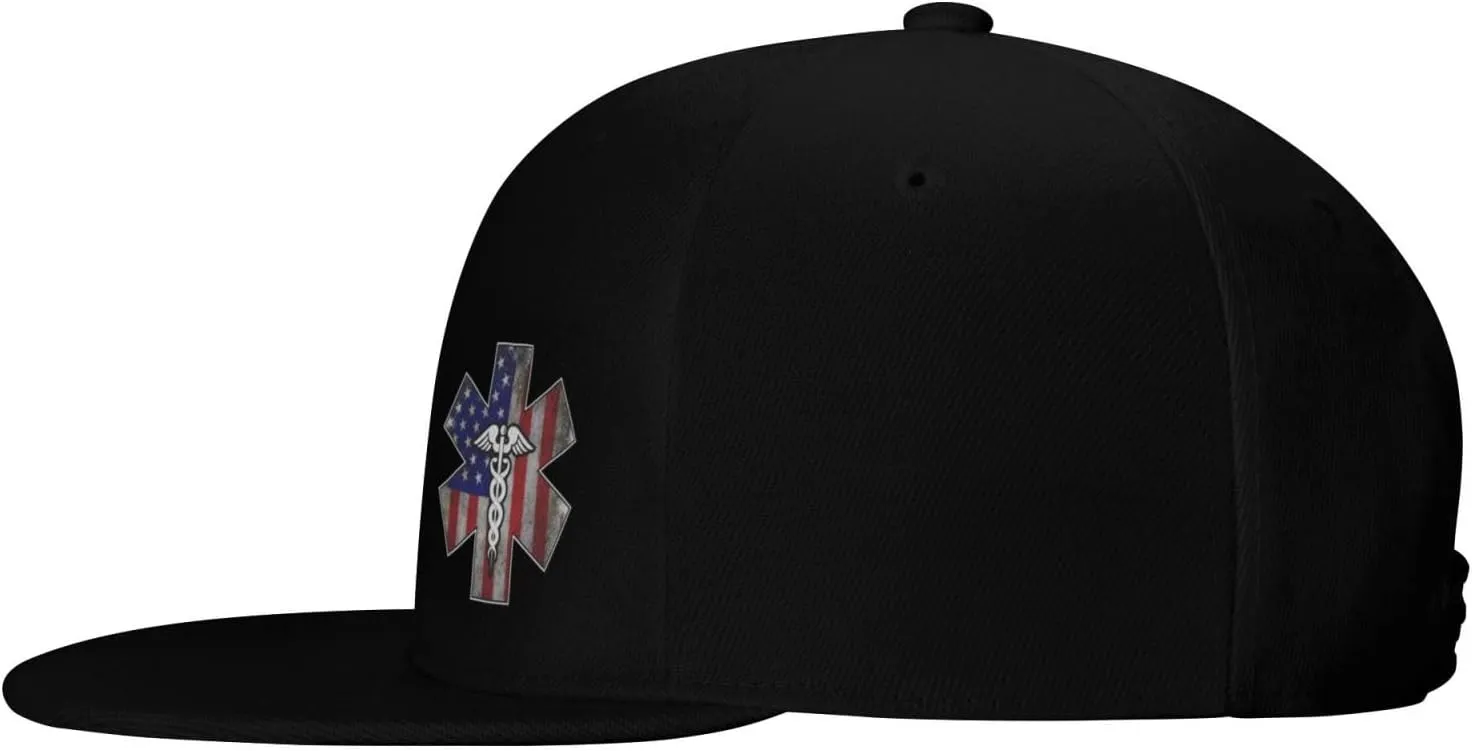 Paramedic USA American Flag EMS EMT Flat Brim Cap Unisex Flat Bill Baseball Cap Black