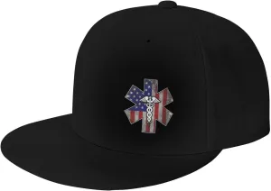 Paramedic USA American Flag EMS EMT Flat Brim Cap Unisex Flat Bill Baseball Cap Black