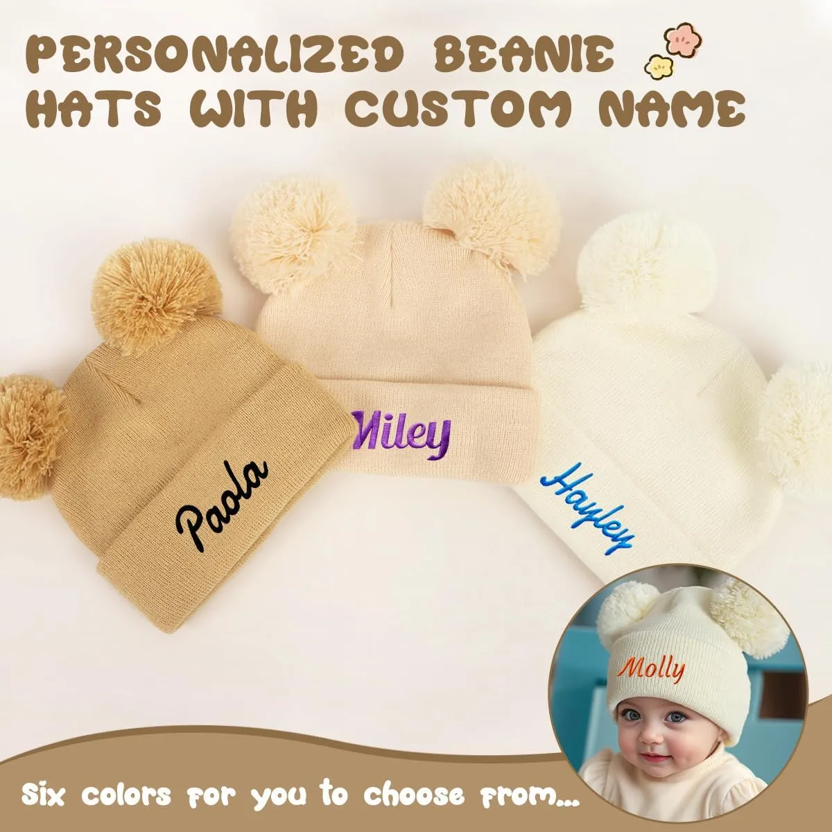 Personalized Baby Beanies Hats, Custom Knitted Toddler Winter Double Pompom Hat