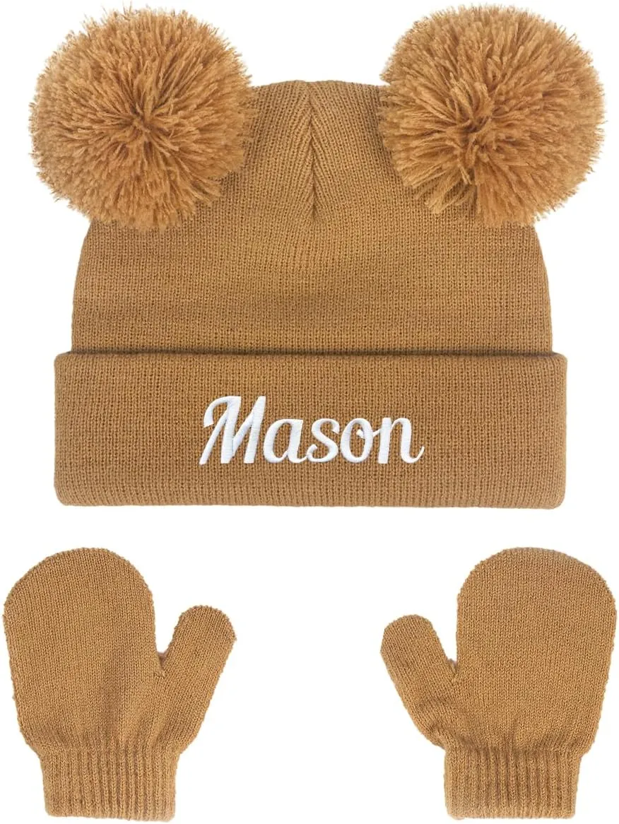 Personalized Baby Beanies Hats, Custom Knitted Toddler Winter Double Pompom Hat
